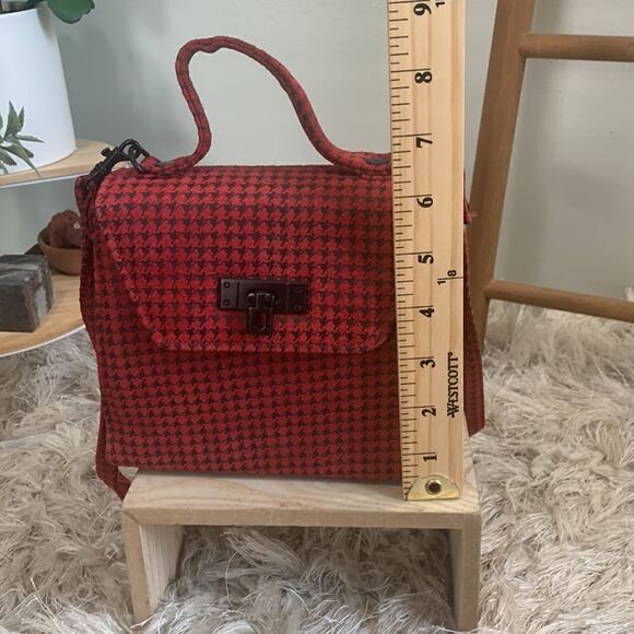 Vintage 80’s Chia Red/Black Leather Houndstooth Crossbody Mini Bag Made In Korea - Picture 16 of 17